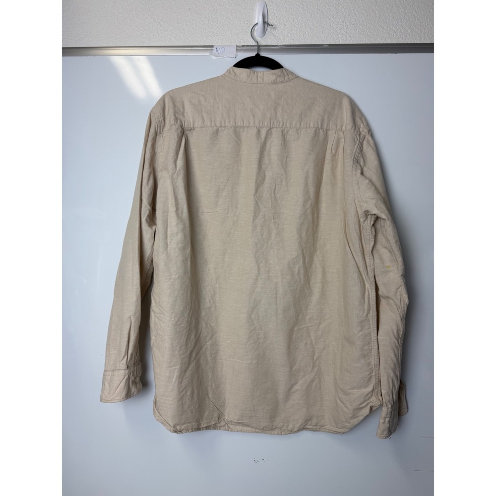 Uniqlo Mens Cotton Linen Band Collar Shirt Beige Tan casual Large - Picture 2 of 8